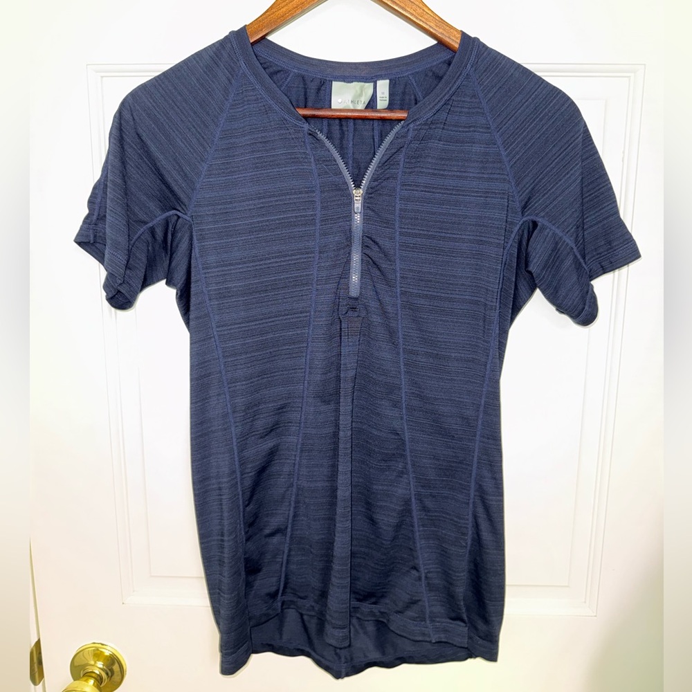Athleta Navy Short Sleeve Tee 1/4 Zip Top Size M